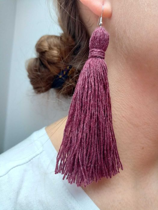Kolczyki Makrama Chwosty Bordowe Handmade Bawełniane Warkocze