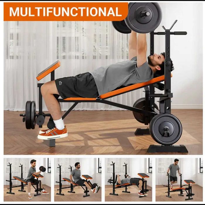 D38-Banco Musculação 6 em 1 com Suporte Agachamento, Banco Ajustável