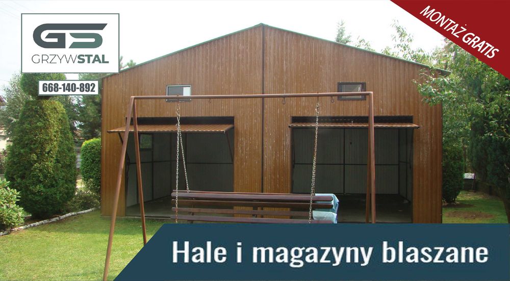 Garaż blaszany 8x6 - Bramy Uchylne - Drewnopodobny - WIATA - GRZYWSTAL