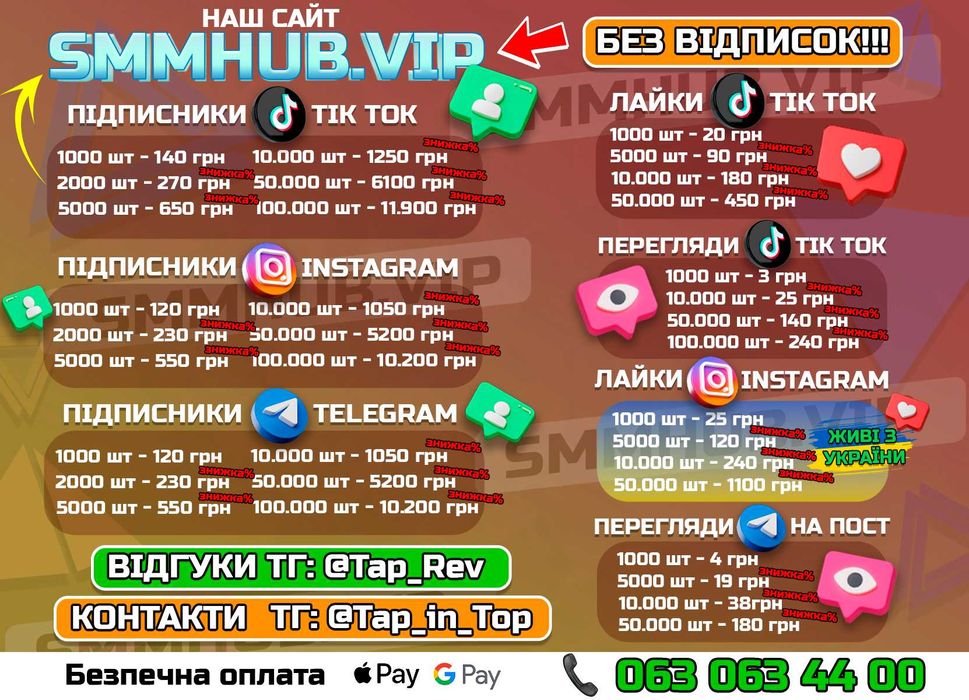 Розкрутка ТікТок Інстаграм Ютуб Збільшення підписників Реклама ТГ Інст