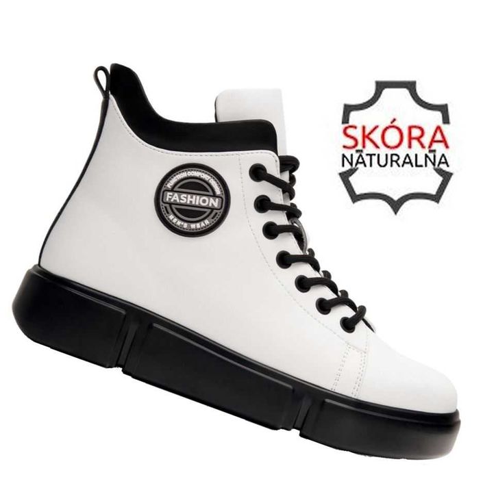 Botki damskie skórzane białe B-3-212 ocieplane zimowe trzewiki roz. 41