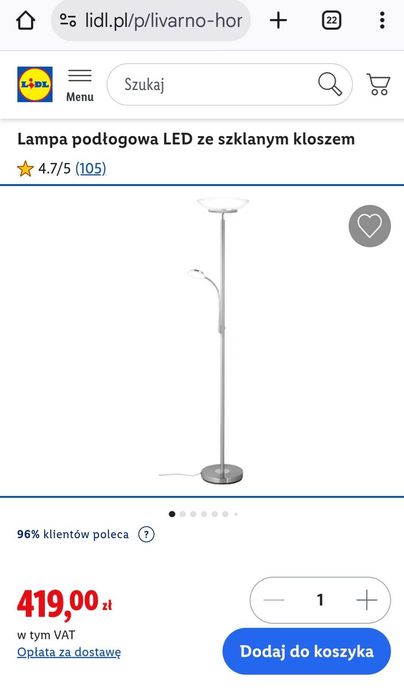 LIVARNO Lampa podłogowa LED ze szklanym kloszem - NOWA