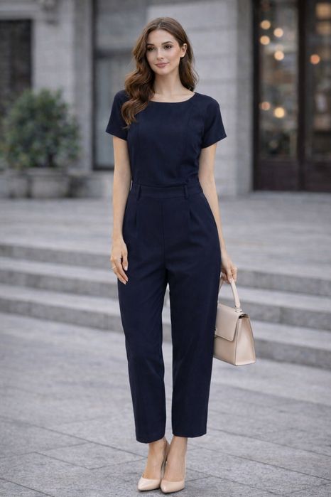 Elegancki, granatowy kombinezon rozmiar xs