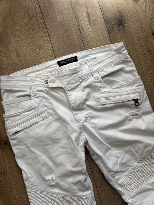 Balmain Biker Jeans White Distressed Pants Slim Fit spodnie