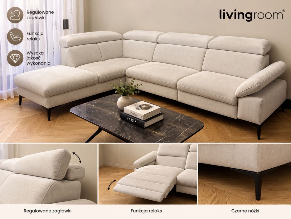 Narożnik Livingroom – funkcja RELAX, regulowane zagłówki, jasny beż