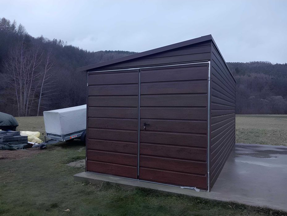 Garaż Blaszany Blaszak spad na bok drewnopodobny PREMIUM