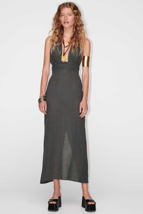 ZARA Luksusowa SUKIENKA halter szara bawełna ramia M