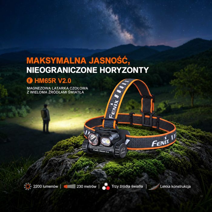 Latarka czołowa Fenix HM65R V2.0 + Akumulator + Zestaw