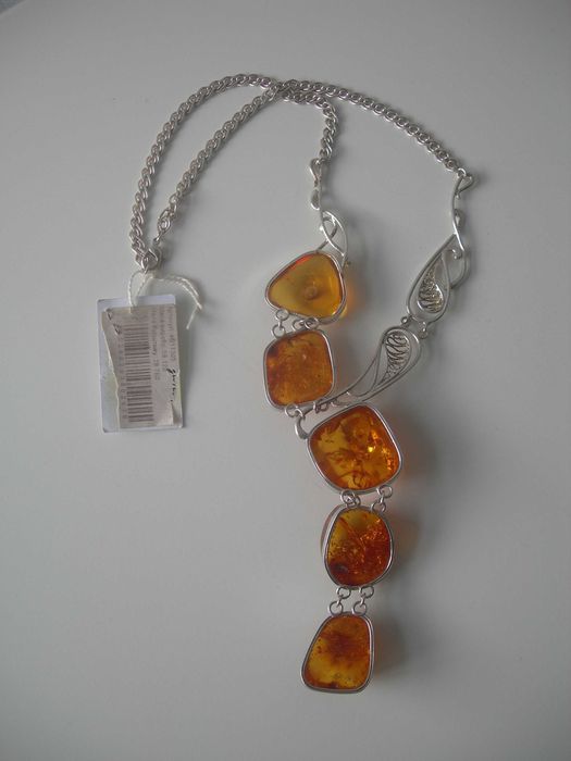Серебряное колье, янтарь, серебро 925, 58 грамм