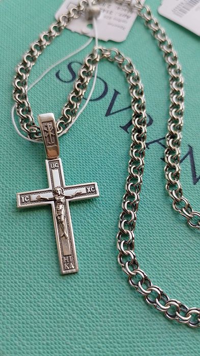 Комплект! Серебряная цепочка + крестик 4 см бисмарк 40 (45 50 55 60)см
