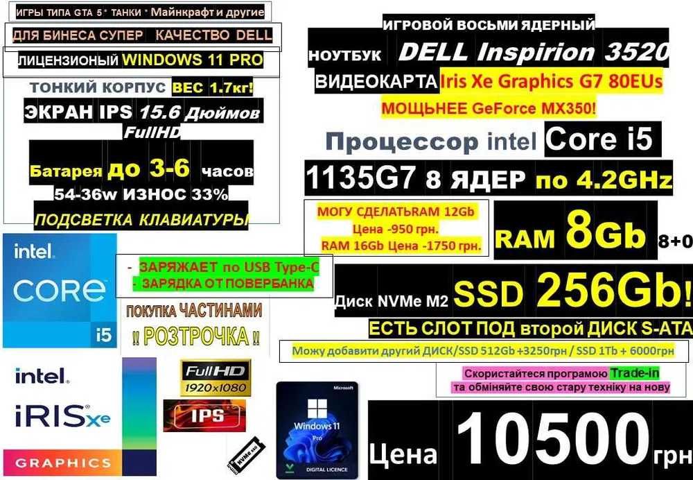 ЕСТЬ ДВАℹ️150+ Ноутбуківℹ️IPS DELL 3520‼️i5 11Th‼️IrisXe‼️RAM 16Gb/SSD 256Gb/6 часов‼️Traid-in/Розтрочка