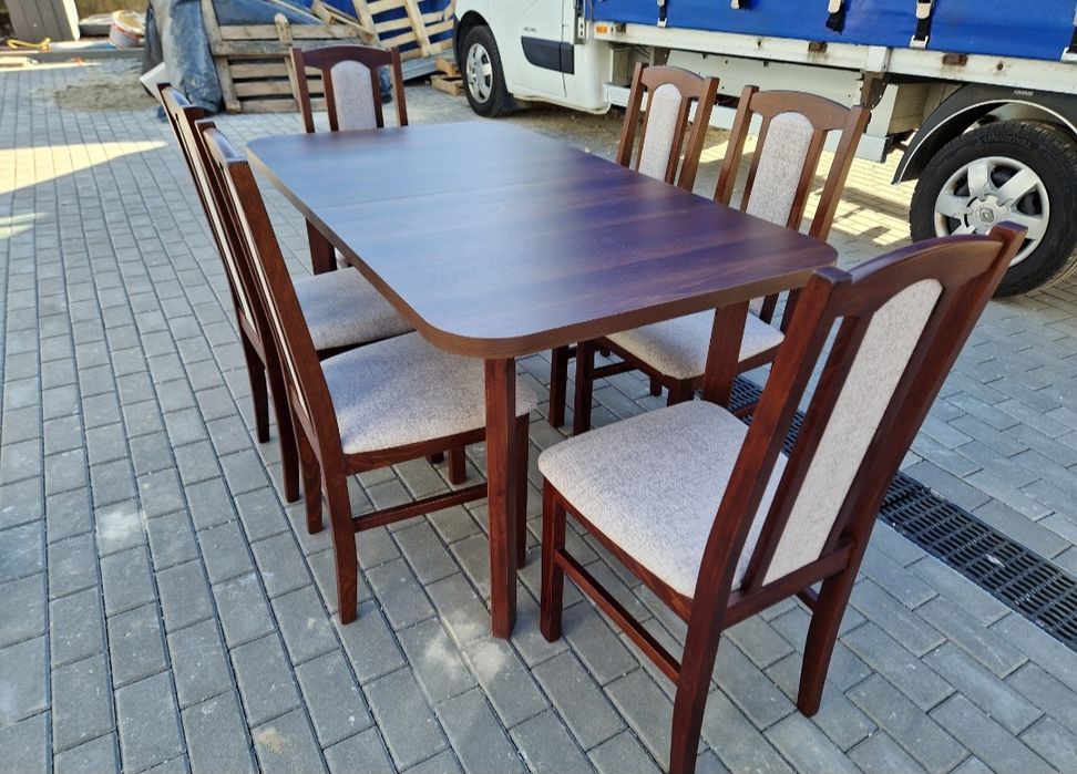 Nowe: Stół 80x140/180 + 6 krzeseł, orzech + kawa z mlekiem, transPL