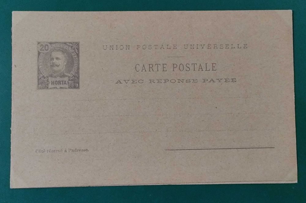 Açores Horta 1897 rei D. Carlos - selos pré-impressos 20 + 20 reis