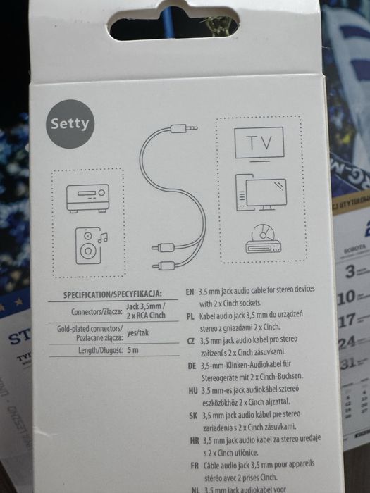 Kabel Jack 3,5mm / 2xRCA chinch 5m nowy
