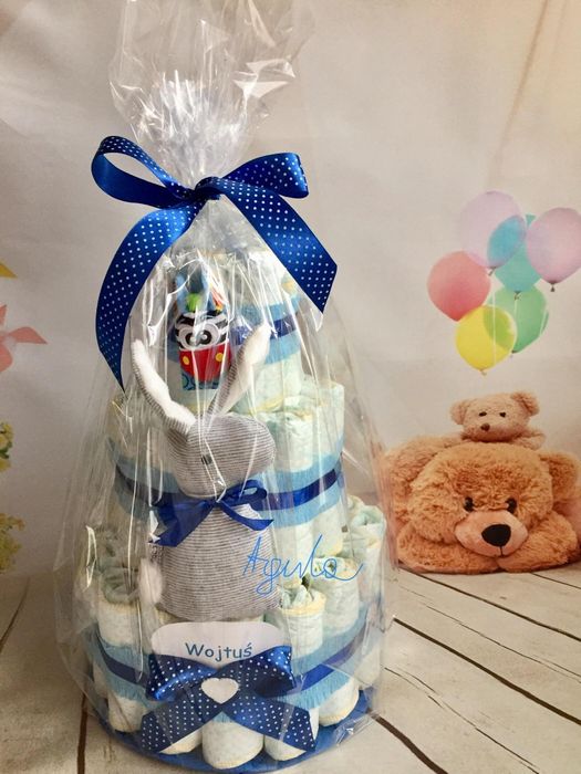 Tort- pociąg lokomotywa z pieluszek Pampers+zabawka, chrzest,narodziny