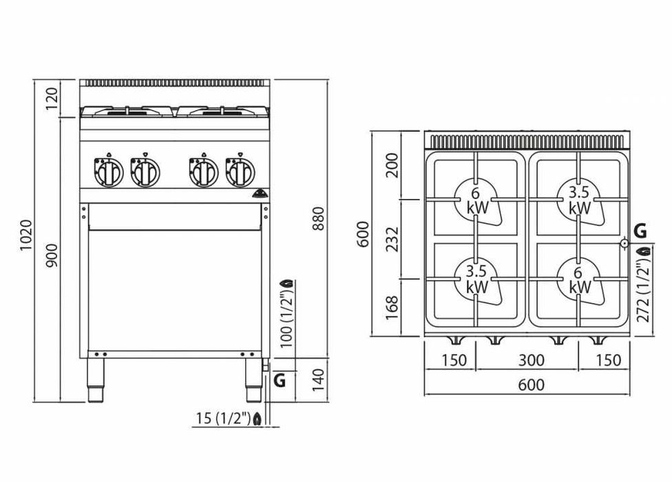 Плита газова професійна 4 конфорки 19 kW