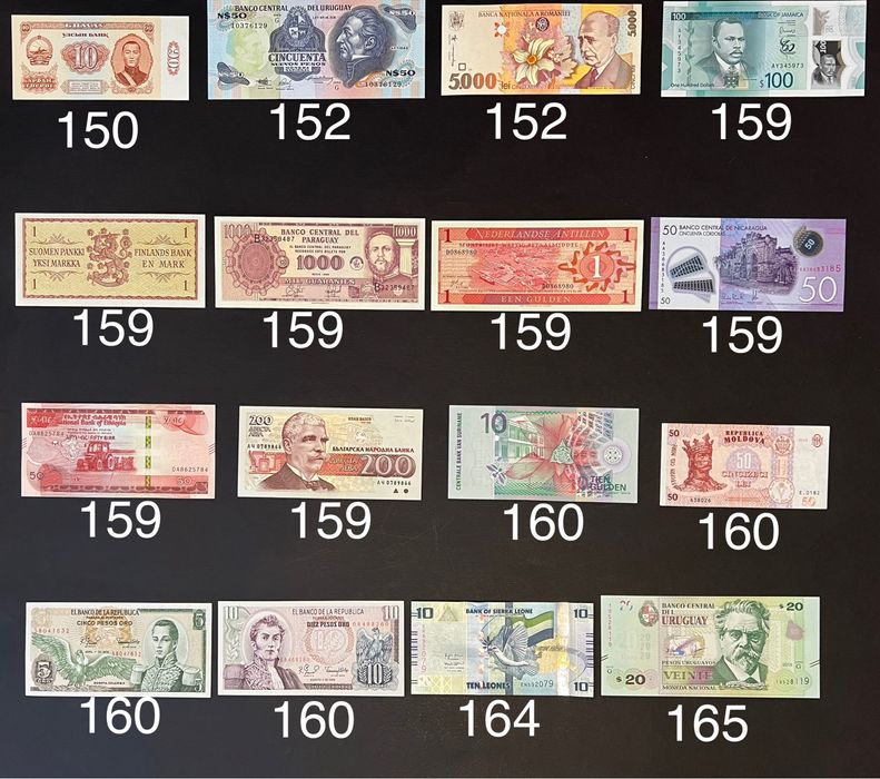 Банкноти купюри країн світу вартістю від 150 до 200 грн