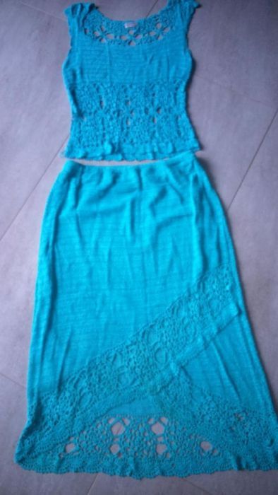 Sliczny gipiura koronka ażurowy kaplet spidnica bluzka