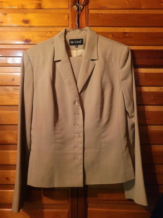 Damski Żakiet IWONA - Rozmiar 38, Komplet, Miętowy, Spódnica Elegancki