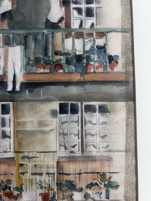 Quadro original em aquarela – Fachada com varandas e plantas