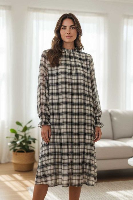 Шифоновое плиссированное платье с рукавом Primark клетка, р. L/XL