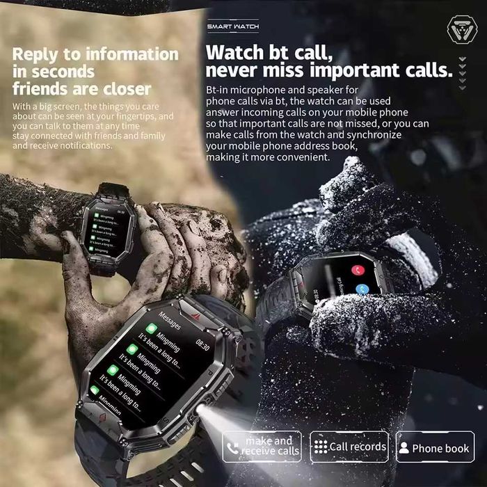 Смарт часы. VWAR KR82 PRO. NFC. Compass. 1000mAh.LED-фонарик Барометр