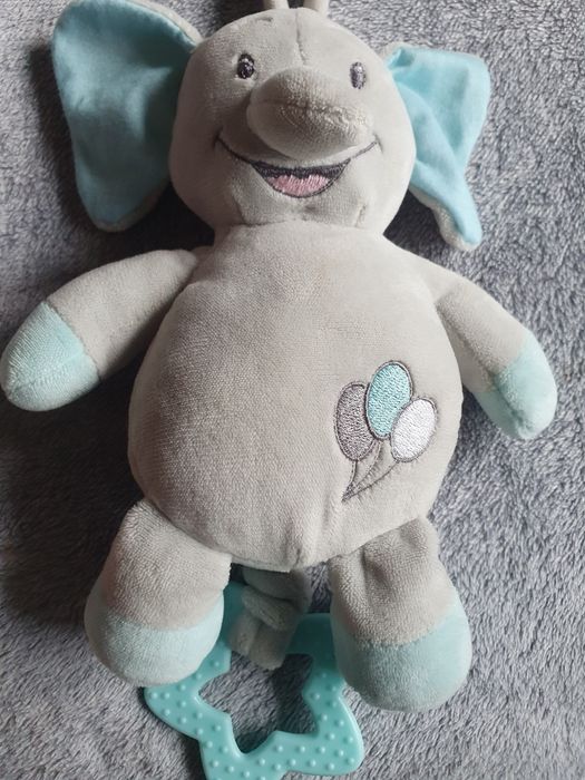 Pozytywka miś słonik szaro-błękitny z gryzakiem jak nowy 22cm