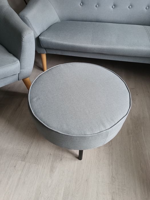 Sofa , fotel, pufa szaroniebieski zestaw