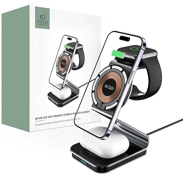 Tech-Protect Qi15W-A29/3In1 Magnetic Magsafe Wireless Charger Black