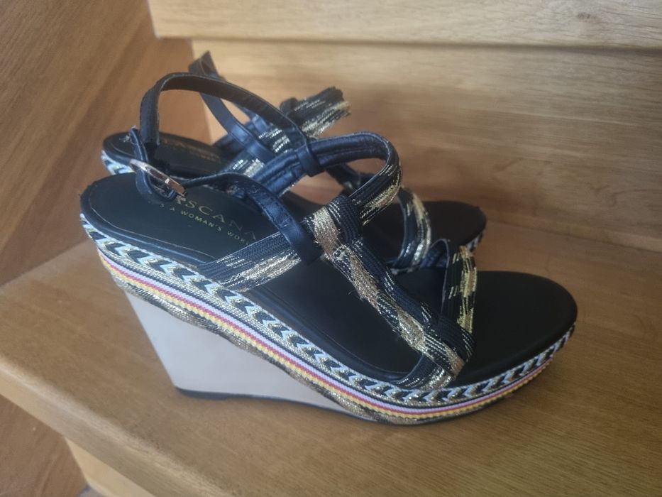 #sandały #38 #damskie #złote #czarne #boho #koturna #paski