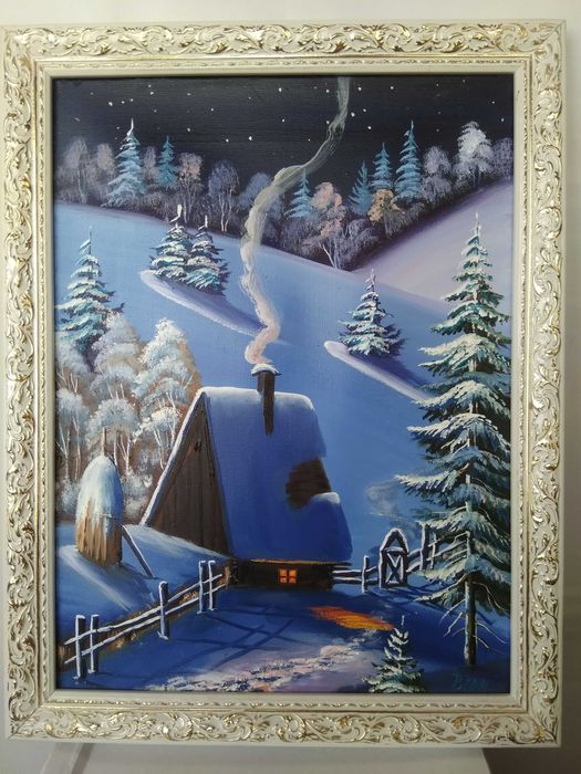 Картина маслом зимний вечер с автографом художника 35х45см