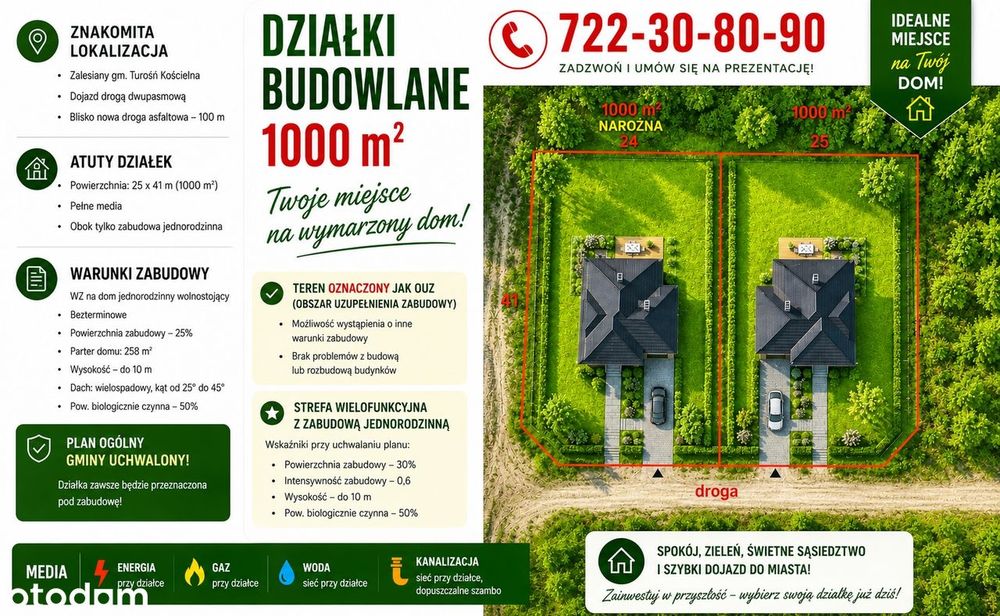 Zalesiany 5 działek do wyboru - pow. 2 x 1033 m2, 2 x 1000 m2, 1373 m2
