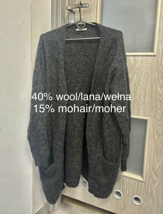 Kardigan ciemnoszary Pieces z wełną i moherem, 40% wool 15% mohair
