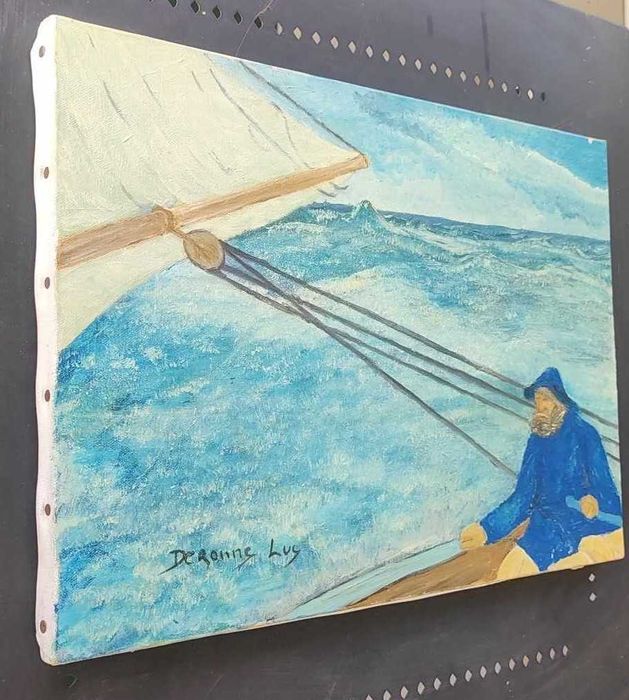 Marinheiro solitário em barco - Pintura a óleo sobre tela - Quadro