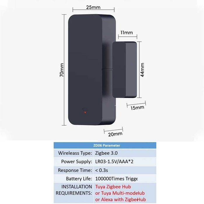 Czujnik otwarcia drzwi/okien / Zigbee / Tuya / czarny