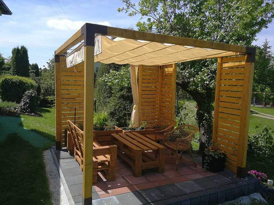 Zadaszenie materiałowe, roleta rzymska, pergola, żagiel, zasłony