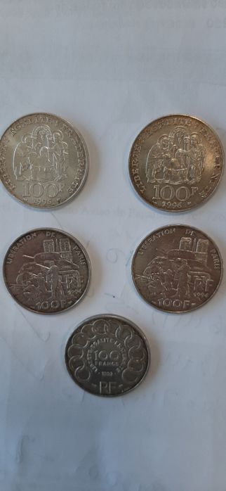 7 moedas 10 e 100 francos franceses em prata 1965 a 1996