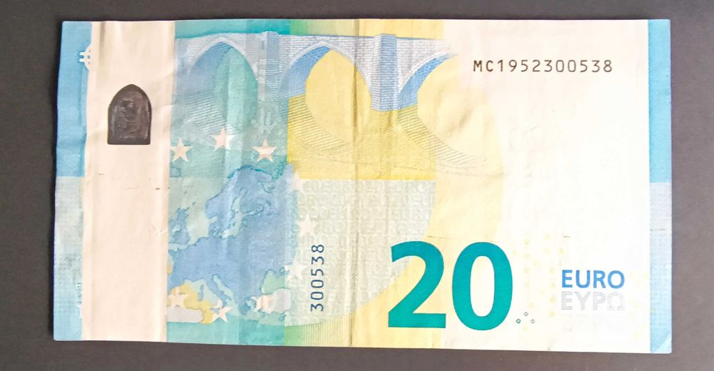 Nota de 20 Euros Com Erro na Barra Vertical Branca do selo