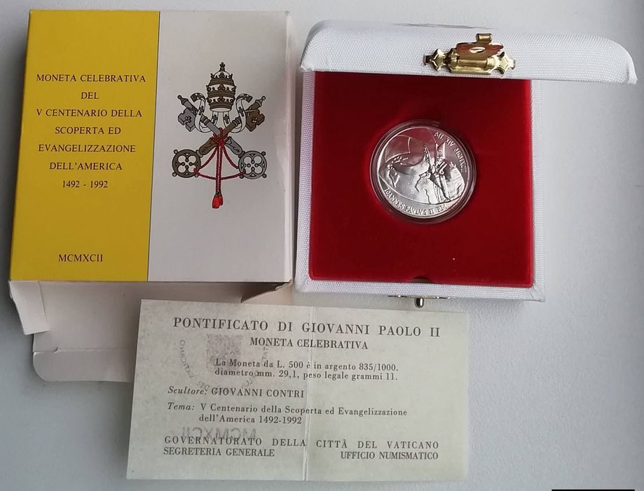 Ватикан 500 лір 1992рік. СРІБЛО. Євангелізація Америки. Сертифікат