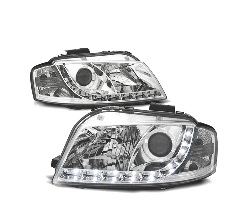 FARÓIS AUDI A3 8P 03-08 LUZ DIURNA LED FUNDO CROMADO