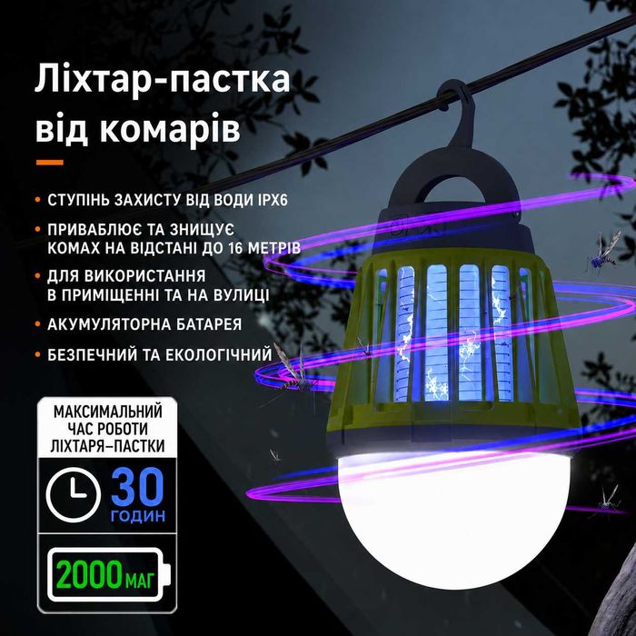 Лампа від комарів акумуляторна LED 2000mAh мухоловка фумігатор ліхтар кемпінговий знищувач комах нічник інсектицидна лампа антимоскінта лампа фумигато