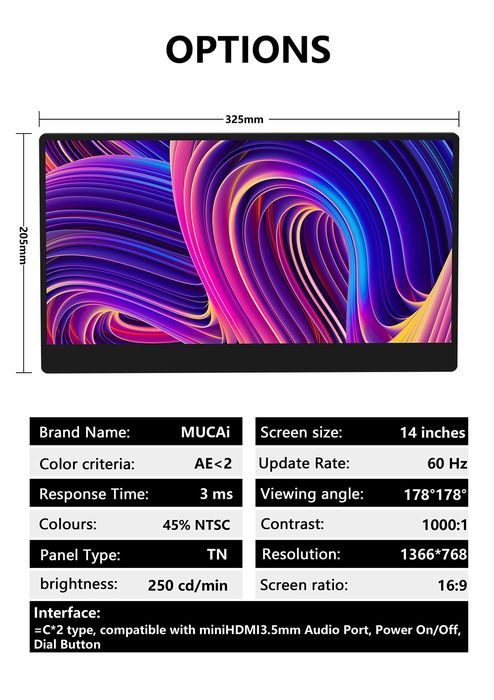 Монитор Mucai N140-S36 14" портативный ноутбук ПК дрон приставка ps4/5