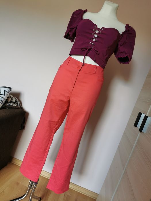 Eleganckie spodnie cygaretki elgo wysoki stan różowe łososiowe 46 3XL