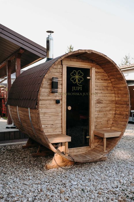 Sauna ogrodowa BECZKA, piec na drewno, oświetlenie. Samodzielny montaż