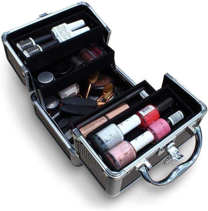 (NOVA) Mala de maquilhagem, 4 bandejas destacáveis, cor preta