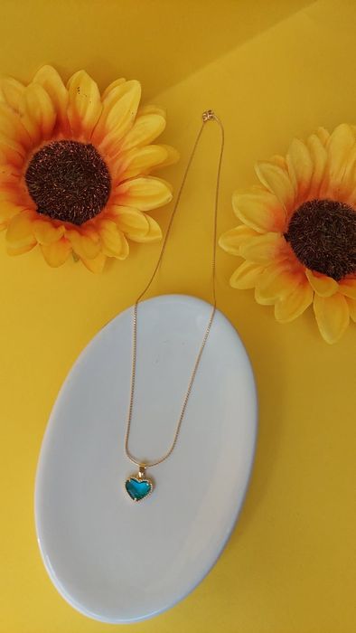 Colar coração azul em zirconia folheado a ouro 18 k, semijoia de quali