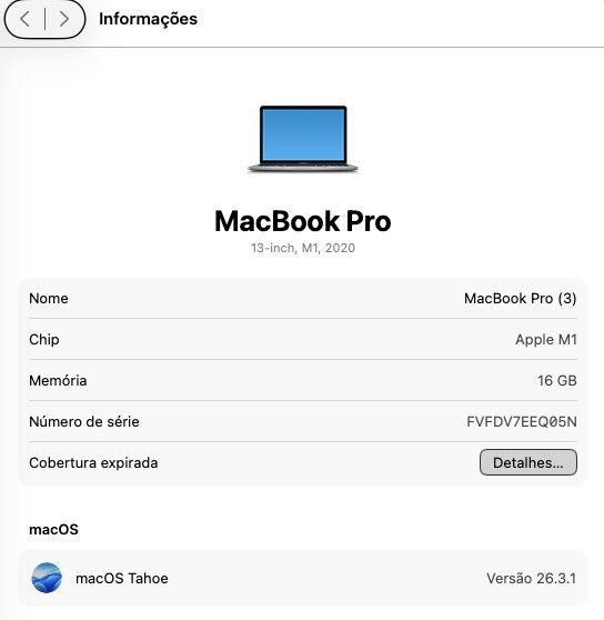 MacBook Pro 13" (2020) Processador M1 da Apple e 16MB de Memória unificada