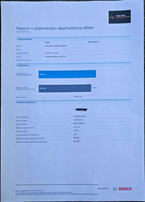 Bateria Akumulator BOSCH POWERPACK 400wh na bagażnik 103 cykle 92% spr