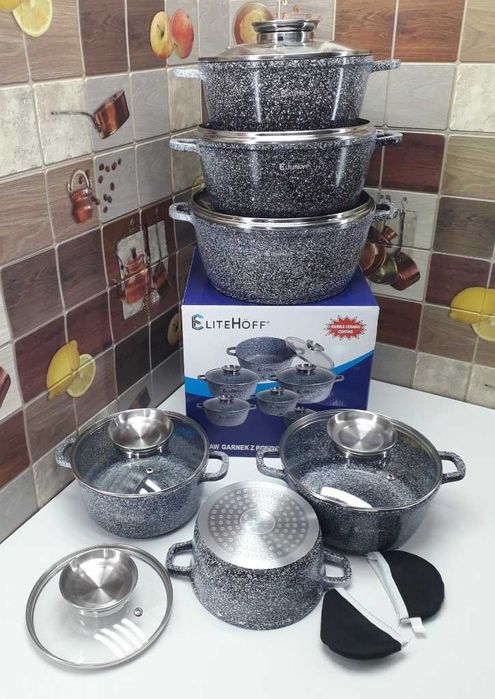 Zestaw Garnków Granitowych 14el. Indukcja Gaz Elitehoff E7059 szare hi