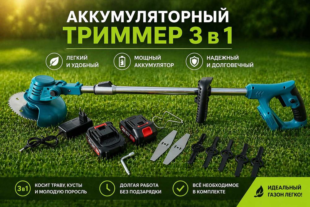 Триммер аккумуляторный садовый Makита UR100DW с двумя АКБ 48В 5А. Газонокосилка. Газонокосарка, электрическая коса для стрижки травы, кустарников.